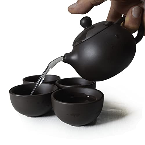 Image of Clay Teapot 4 Cups Set,Small Tea pot and cups Traditional Chinese Kung Fu Tea Set (Black)
