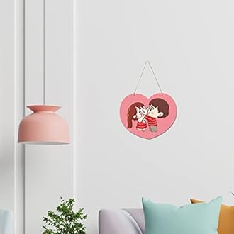 Artvibes Cute Cartoon Couple Heart Shaped Wooden Wall Hanger for Home Decor | Living Room | Office | Wall Art Painting For Hall | Graphic Artwork | Wall Art Print | Unique Gift Items (WH_5502NN)