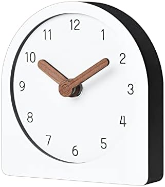 mooqs Wooden Silent Non-Ticking Battery Operated Decorative Small Mini Analog Modern Shelf Desk Table Mantel White Clock for Home, Office, Living Room, Bed Room (Modern Round)