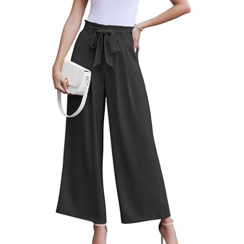 LOUSGUTA Wide Leg Dress Pants for Women Paperbag High Waisted Adjustable Tie Knot Business Casual Trousers with Pockets Black XL Cover