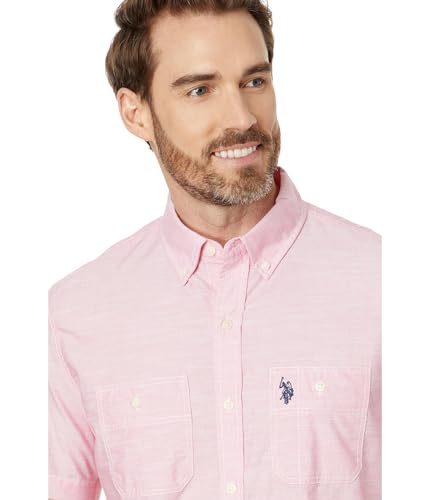 U.S. POLO ASSN. Men's Short Sleeve Classic Fit Solid Yarn Dye Stretch Slub End 2 Pocket Woven Shirt, Rouge Red3