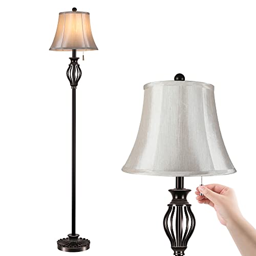 Linnmon Floor Lamp, Corner Standing Lamp, Vintage Pole Lamp With Light Golden Fabric Shade, Rustic Tall Stand Up Lamp For Living Room, Bedroom, Office, Bright Floor Lamp With Pull Switch (Traditional) #TOP1