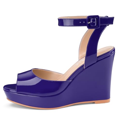 Image of Women's Dressy Platform Wedge Sandals Gold Wedges Peep Toe Patent High Heels Slingback Heeled Comfortable Ankle Strap Shoes