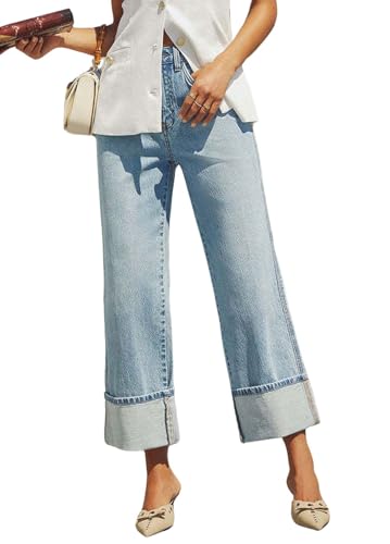 loveimgs Women Casual High Waisted Wide Leg Cuffed Jeans Boyfriend Flare Denim Pants Roll Up Unity Cargo Jeans