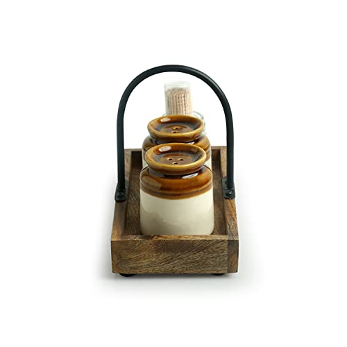 Image of ExclusiveLane Old Fashioned Martaban Ceramic Salt and Pepper Shakers Set with Toothpick Holder & Tray (110 ML)- Salt and Pepper Set for Dining Table Salt and Pepper Dispenser SaltPepper Sprinkler Set