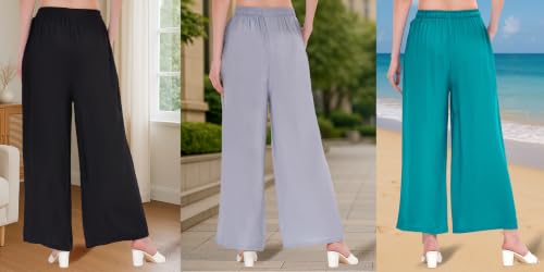 Image of Buy That Trendz Palazzo Pants for Women Rayon Elasticated Regular Fit Flared Wide Leg M to 6XL Pack of 3
