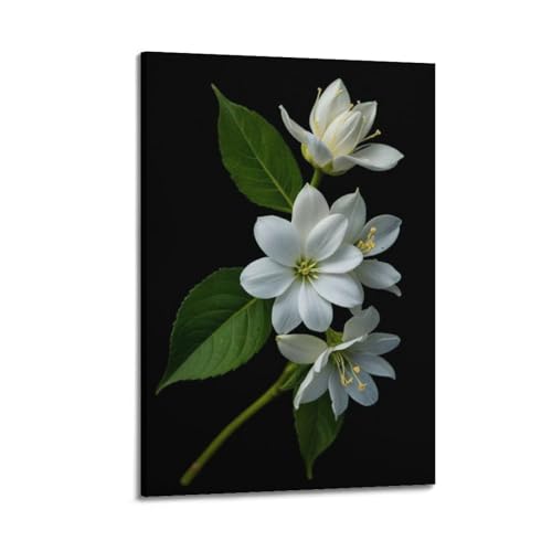 Décoration murale moderne fleurs blanches et feuilles vertes sur fond noir 40x60cm