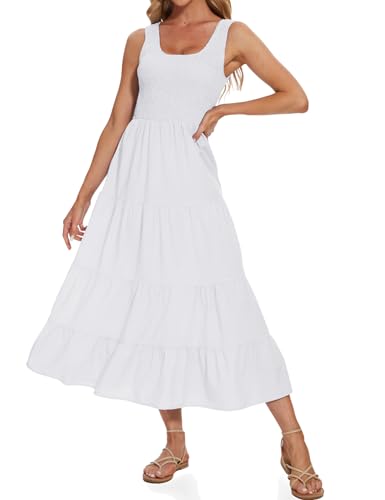 Image of Women's Summer Smocked Maxi Dresses Sleeveless U Neck Ruffle Hem Tiered A Line Flowy Dress