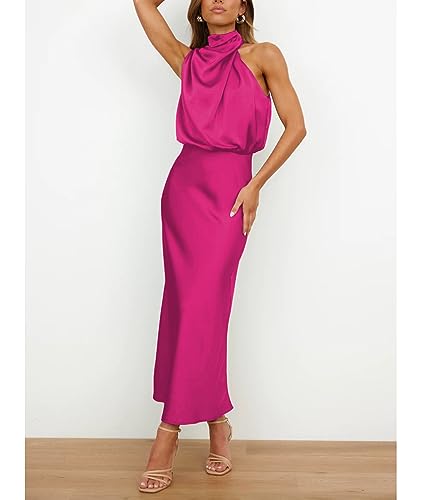 Image of Sexyshine Women's Elegant Halter Tie Neck Sleeveless Satin Long Dress Backless Split Cocktail Party Formal Wedding Maxi Dress