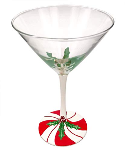 Candy Cane Martini Glass - 10 oz - Hand Painted - Christmas, Seasonal, Snow, Holly - Cocktail Glasses