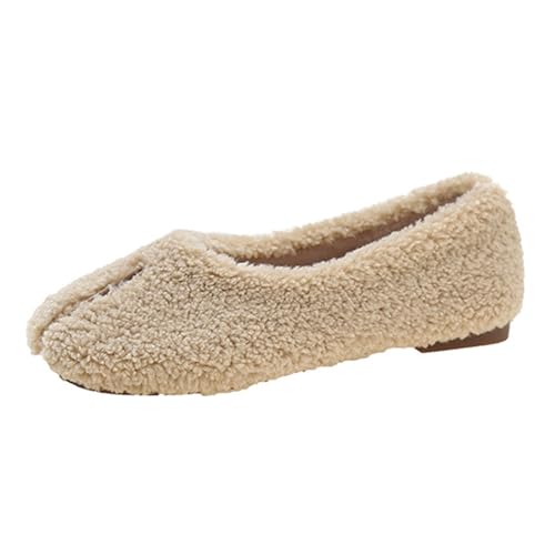 KOKOMOMO Furry Fake Split Toe Ballet Flats Women Penny Loafers Comfort Fuzzy Ballerina Flat Shoe Fluffy Faux-Fur Warm Indoor Outdoor Casual Slip-Ons