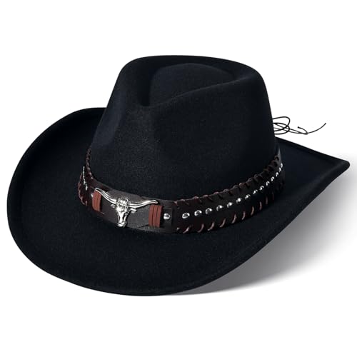 Image of Classic Western Cowboy Hat Cowgirl Hat Unisex Men's & Women's Wide Brim Felt Fedora Hat Flat Top with Buckle Belt