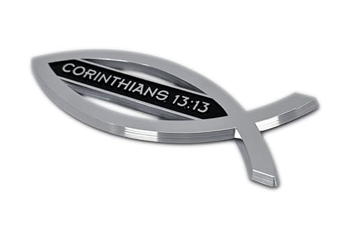 Image of Elektroplate Christian Fish Corinthians 13:13 OEM Chrome Emblem for Cars, Trucks, and All Auto | Universal Fit at 4 inch x 1.4 inch | Weatherproof