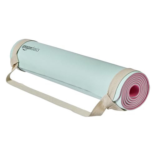 Image of AmazonBasics Dual Colour Yoga Mat | 6 MM Thick Mat | Carry Strap | Grippy Surface | Anti Slip Exercise Mat | TPE & EVA Material | Yoga Mat for Men & Women (Turquoise & Pink)