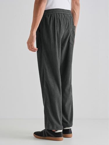 Image of Banana Club Deep Black Corduroy Pant - Regular Fit, Solid, Corduroy Casual Trousers with Textured Fabric, Comfortable Fit