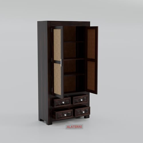 Image of Solid Sheesham Wood 2 Door Wardrobe with Cane Panels & 4 Drawers | Wooden Storage Cabinet with Shelves | Modern Bedroom Cupboard for Clothes & Storage (Walnut Finish)