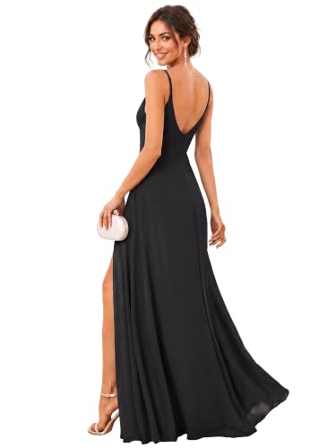 Image of Ever-Pretty Women's Summer Backless Spaghetti Straps Bridesmaid Dresses Chiffon V-Neck Slit Long Formal Wedding Guest Dress