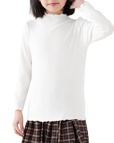 Image of ACESTAR Girls Solid Lettuce Trim Mock Neck Shirt Long Sleeve Slim Fit Ribbed Knit Tee Ruffle Tops Soft Base Layer