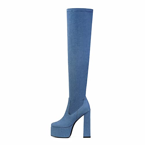 Yolkomo Thigh High Boots for Women Sexy Chunky Heel Platform Boots Wide Calf Over The Knee High Boots Square Toe Denim Boots Wide Width Side Zip Strechy Leather Leg Boots Blue Size 7
