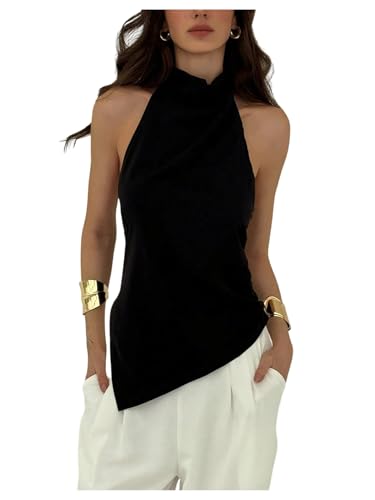 SOLY HUX Women's Halter Tops Backless Sleeveless Asymmetrical Hem Going Out Summer Tank Top