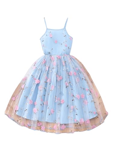 SHENHE Girl's Mesh Floral Embroidered Tulle Dress A Line Flowy Spaghetti Strap Boho Midi Sundress
