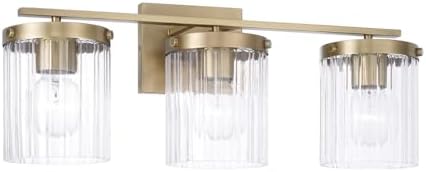 Capital Lighting 156231AD-555 Vaughn Beveled Fluted Glass Bathroom Vanity Light, 3-Light 300 Total Watts, 9" H x 23" W, Aged Brass