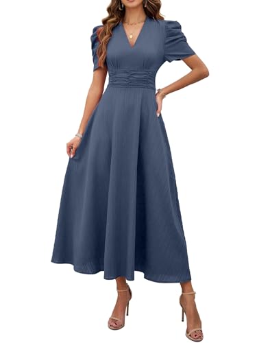 Image of Shasmi Girl's & Women's Solid Color V-Neck A-Line Maxi Dress for Women | New Year Party Outfit | Waist Cinched Puff Sleeve Western | Elegant Casual Wear (Dress 246)