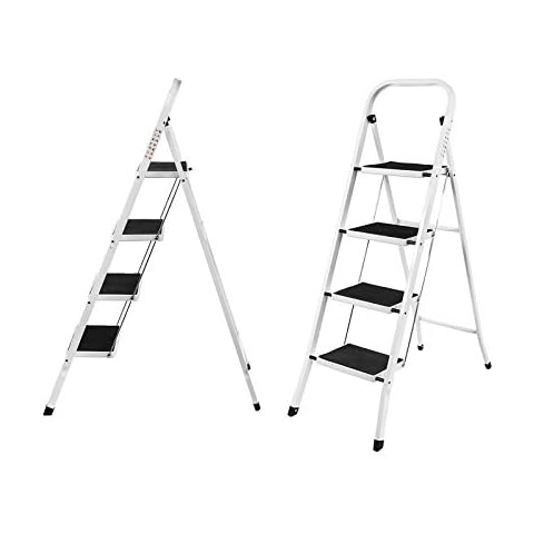 Portable 4 Step Ladder Compact Folding Design Easy Storage for Home Office Kitchen DIY Painting Anti-Slip Mat Steel Frame Ladder 150KG Max Load Cover