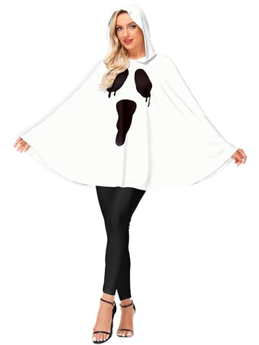 AOBUTE Halloween Ghost Costume For Women Spooky White Hooded Poncho Grimace Cosplay Cape