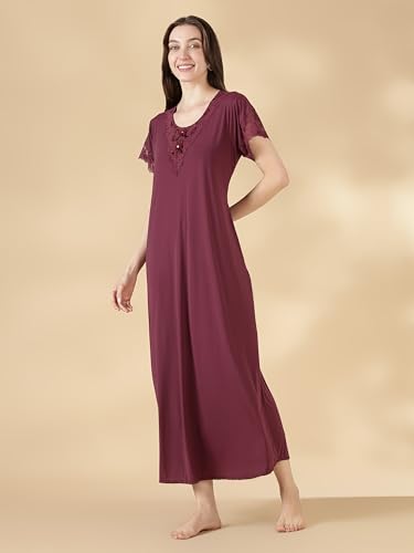 Image of 9shines Label Stylish Soft Modal Maxi Nighty | Honeymoon Nighty | Full Length Trendy Nightgown | V-Neck Lace | Premium Nightdress | Soft Long Nightdress | Maxi Gown Nightwear for Women (Malai Satin)