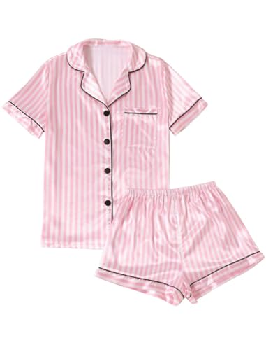 Image of Remidoo Women's Silk Satin Pajama Set Striped Button Up Pjs Short Sleeve Loungewear