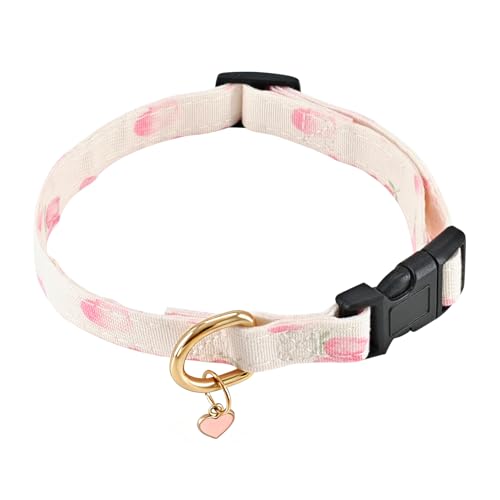 Handmade Cotton Dog Collar with Unique Patterns, White and Pink Love Heart Design and Pendant for Puppies