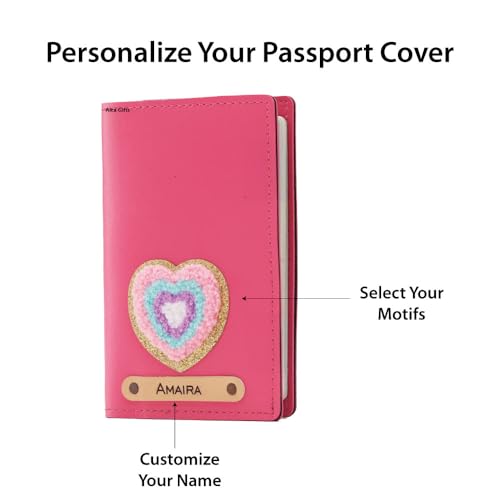 Image of AICA Personalised Name & Embroidery Patch Leather Passport Holder for Men & Women | Gifts for Women| Gift for Man|Passport Cover for Men| Passport Cover for Women (Dark Pink)