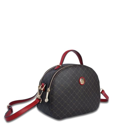 Rioni Beatrice Dome Crossbody Bag Brown Canvas Red Leather