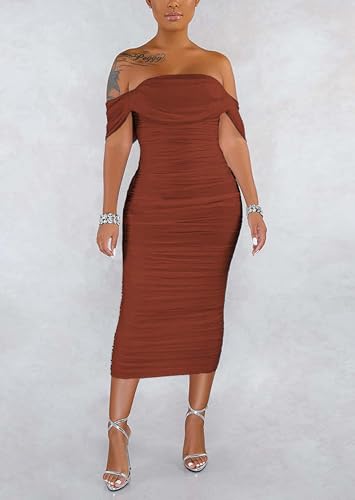 Image of Fooullaide Women's Sexy Off Shoulder Sleeveless Bodycon Ruched Midi Dress | Stretchy, Breathable, Mesh, Not See-Through, Elegant,Formal Gown, Cocktail, Evening, Party, Night Out Tube Dresses