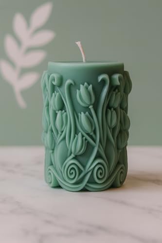 Image of Premium Vanilla Tulip Carved Candle - Handcrafted Decorative Scented Candle for Home Decor, Gifting & Romantic Ambience, Upto 25 Hours Burn time (Green, Vanilla)