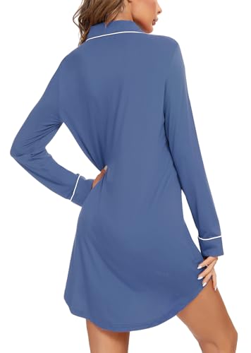 Image of Samring Nightgowns for Women Long Sleeve Button Down Night Gown Sleepshirts | Classic Nightdress,Soft House Dress,Chest Pocket,Loose Boyfriend Style,Sleep,Lounge,Wedding,Maternity&Postpartum,All Seasons