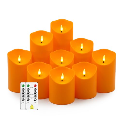 Image of Nimiko Flameless Candles with Remote, Battery Operated Flickering Flameless Candles, LED Candles with Timer 2 /4 /6 /8H, with Realistic LED Candles Set of 9 (D3 x H 3 inch 4 inch 5 inch 6 inch 7 inch) (Orange)