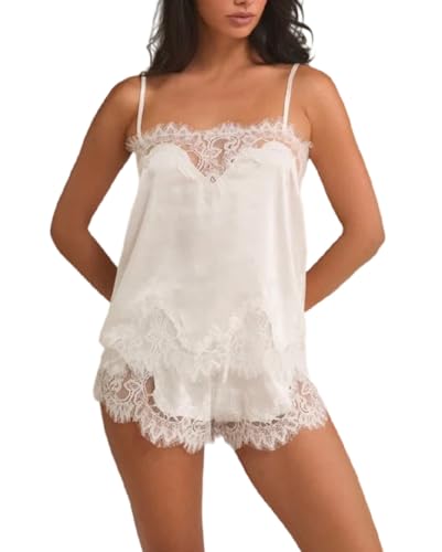 Image of ROAONOCOMO Women Lace Trim Pj Shorts Set Square Neck Coquette Tank Top Silk Satin Pajama Set Babydoll 2 Piece Shorts Outfit