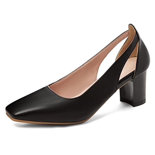 MIOKE Women's Round Toe Chunky Mid Heel Pumps Leather Slip-On Bowtie Comfort Casual Work Office Dress Shoes