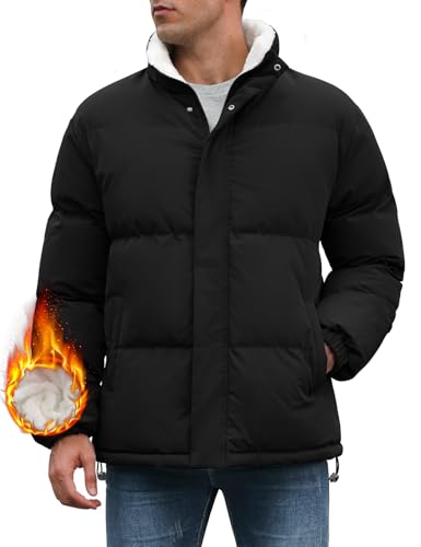 Vancavoo Puffer Jackets Men Winter Coat Hooded Padded Outwear Fleece Lining Casual Thick Coat Warm Jacket Zip Up with Pockets(Black,L)