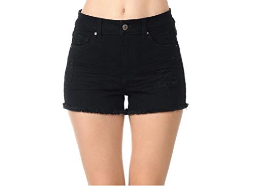 TODAY SHOWROOM Wax Jean Waisted Destructed Shorts with Frayed Hem- Zip Fly, One Button Closure (Black, Large)