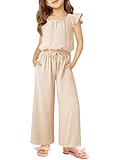 Haloumoning Girls Jumpsuits Kids Fashion Ruffle Sleeves Square Neck Rompers Drawstring Overalls with Pockets
