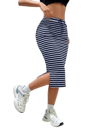 EARKOHA 2025 Skirts for Women High Stretch & Cool-Fabric Solid Split Side Drawstring Waist Skirt Navy Blue L