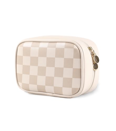 Travel Makeup Bag for Women-Cute Make up Bag with Compartments,Portable Vegan Leather Cosmetic Bag for Purse, Checkered Waterproof Makeup pouch (BROWN)