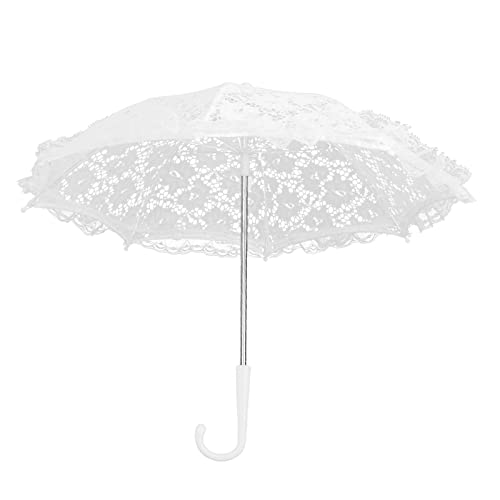Msiud Weißer Vintage Spitzenschirm, 42x49cm Spitzen Stickerei Regenschirm J Griff Hochzeit Sonnenschirm Weiß Blumen Handwerks Hochzeitsschirm für Feier Fotografie Prop Brautpartei