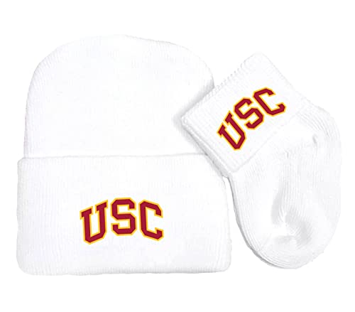 Image of Future Tailgater Southern Cal USC Trojans Licensed Newborn Baby Knit Cap and Socks Set White