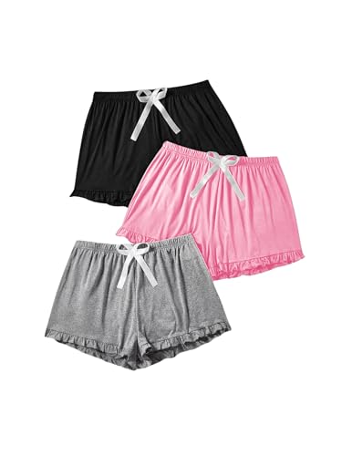 Image of Milumia Women's Plus Size Pajama Shorts Ruffle Hem Sleep Lounge Pj Shorts | 3 Pack,Elastic Waist ,Stretchy,Comfortable,Home Living,Sleepwear