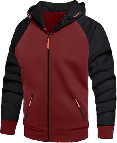 CTU Mens Hoodies Zip Up Fleece Hoodie Patchwork Hooded Jacket Sweatshirt Pullover Hoody With Zip Pockets Red L