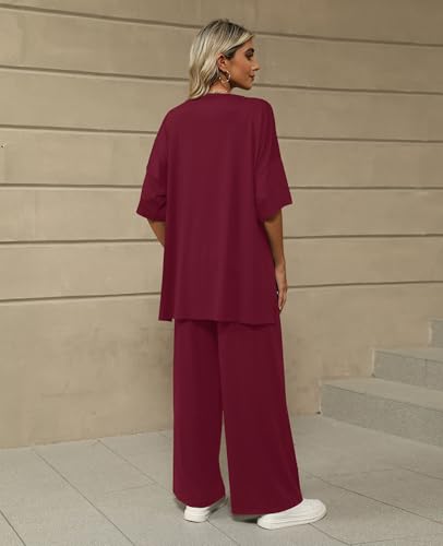 Image of KevaMolly 2 Piece Lounge Set for Women Postpartum Oversized Tops and Wide Leg Pants Soft Comfy Pajamas Set 2 Piece Outfits